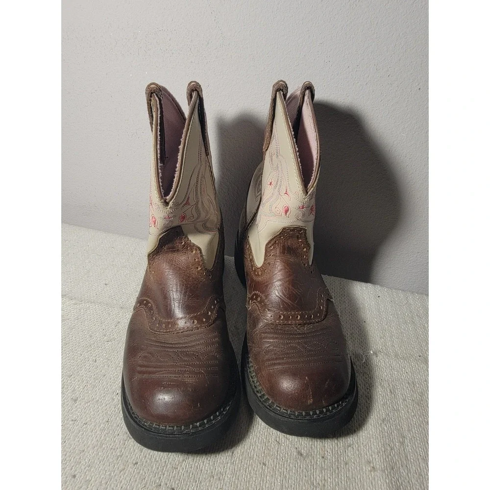 Justin Gypsy Boots Womens 9 B Brown Cream Leather Western Cowgirl Embroidered